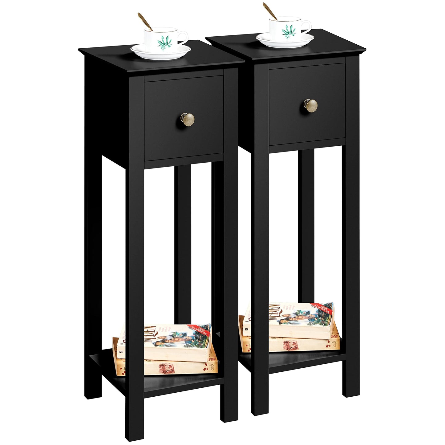 Yaheetech Set of 2 Tall Slim Bedside Tables with Drawer and Shelf, Black