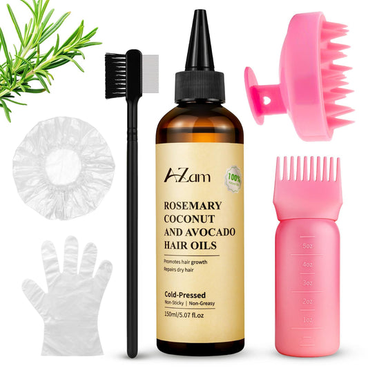 AZam Hair Oil Kit ? 150ml Avocado, Coconut & Rosemary Blend for Hair Growth & Scalp Care ? Includes Applicator Bottle, Gloves, Caps, Comb & Eyebrow