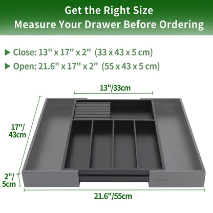 VaeFae Bamboo Silverware Drawer Organizer Kitchen, Expandable Utensil Holder and Cutlery Tray with Divider | 13"-21.6" Flatware Storage (Black)