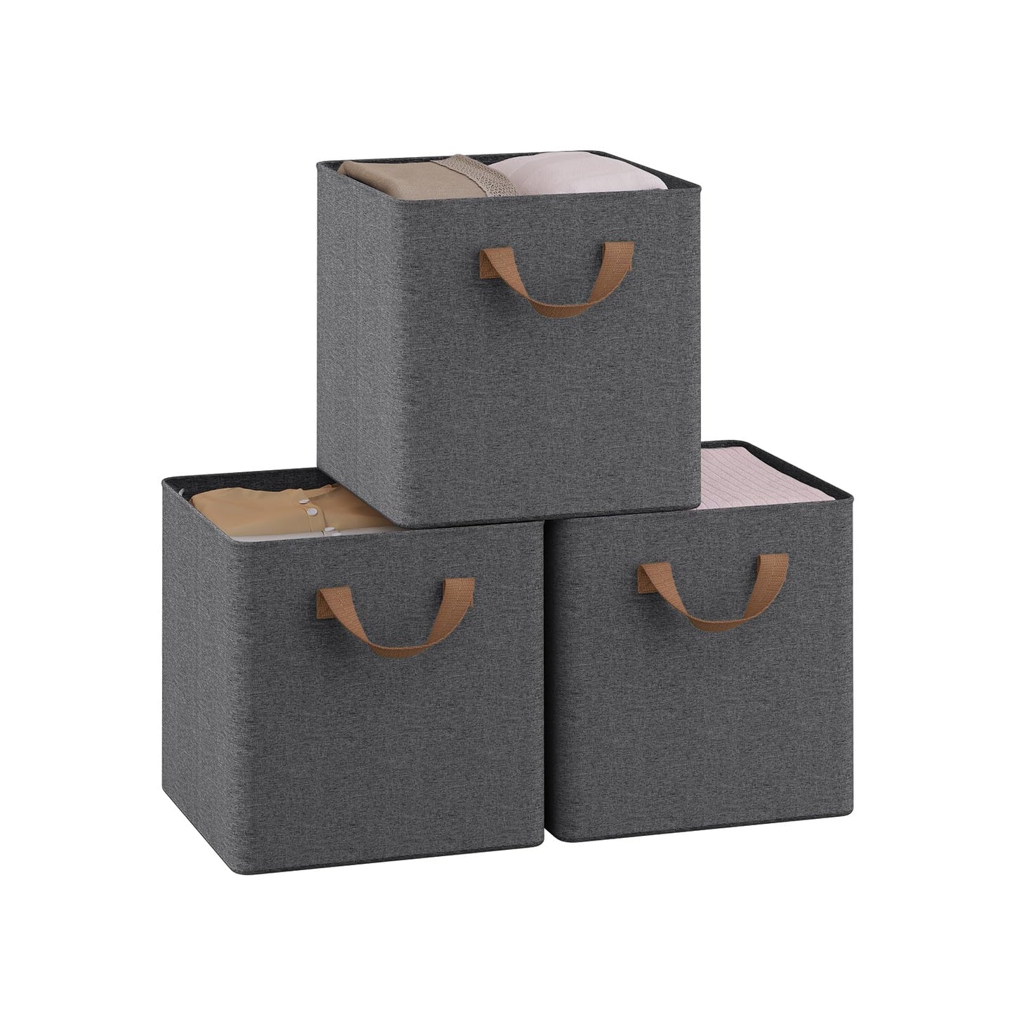WOLTU Storage Boxes Set of 3, Storage Baskets, Folding Wardrobe Cube Boxes, with Handle and Metal Frame, for Living Room/Bedroom/Study, Linen