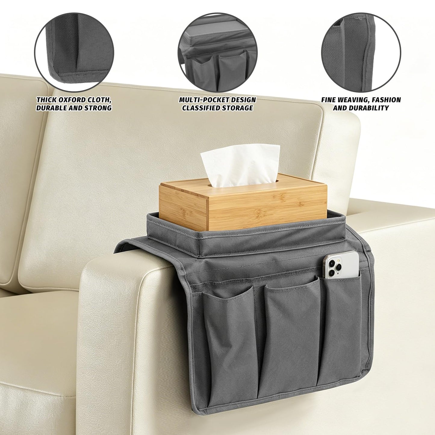 Fizleca Sofa Arm Tray, Armchair Tray, Armrest Tray Organizer - Waterproof Non-Slip Caddy with 4 Pockets for Cups, Snacks, Phones, Tablets, Books