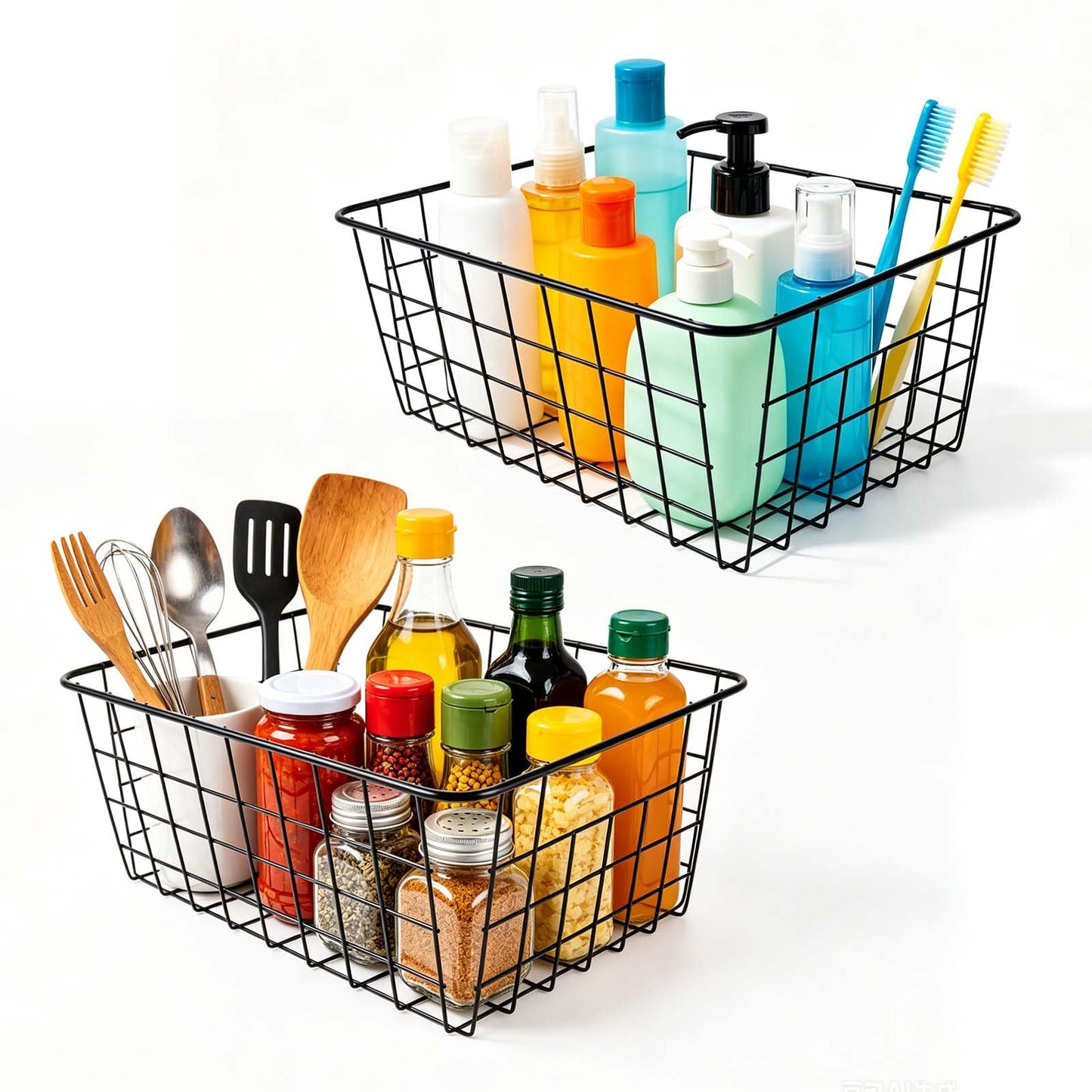 2 Metal Wire Storage Basket with Handles for Kitchen Cabinet Bedroom Bathroom Heavy Duty Rust Resistant Mesh Design Ideal for Organizing Household