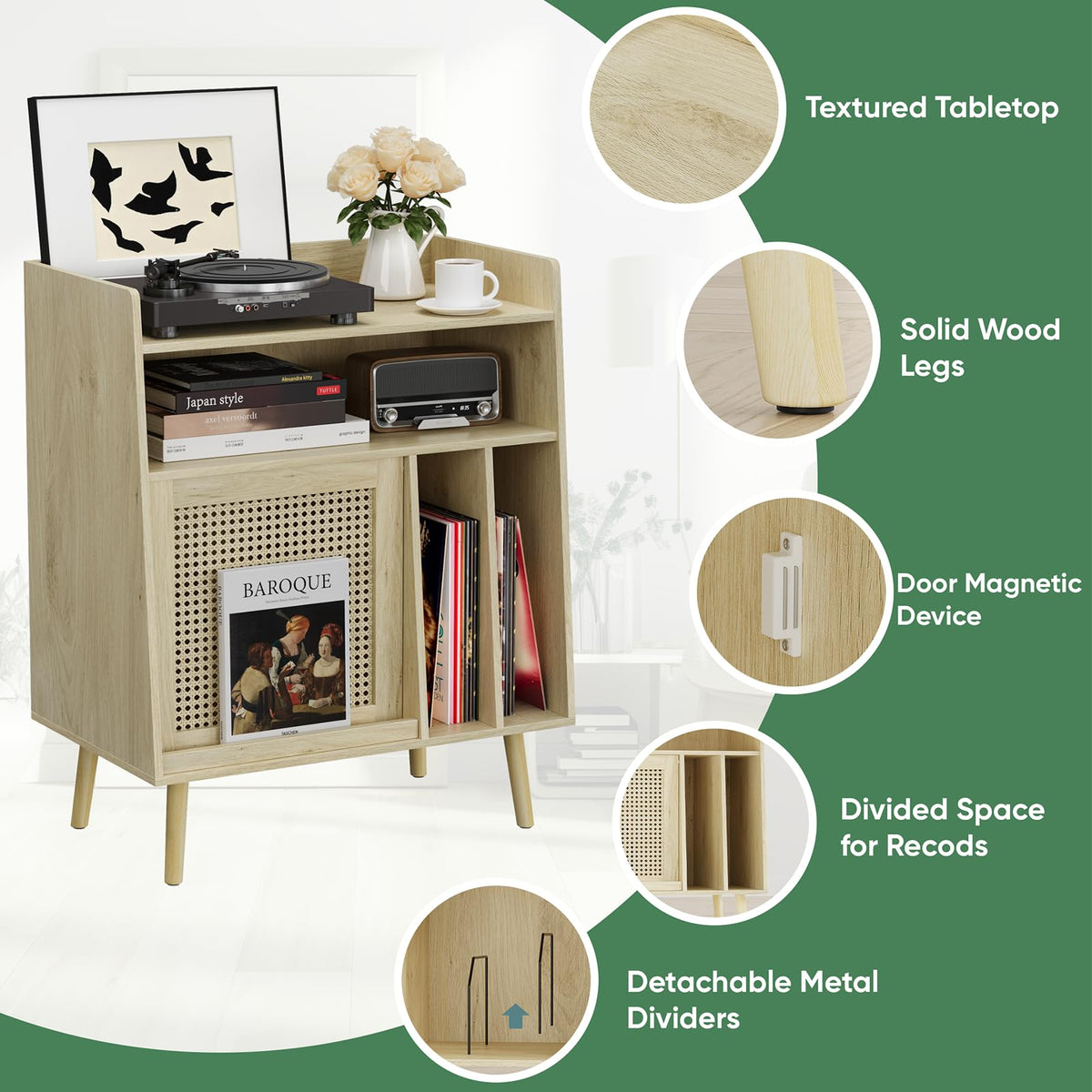 Kiasthome Vinyl Record Storage Cabinet, Large Record Player Stand with Open Shelf