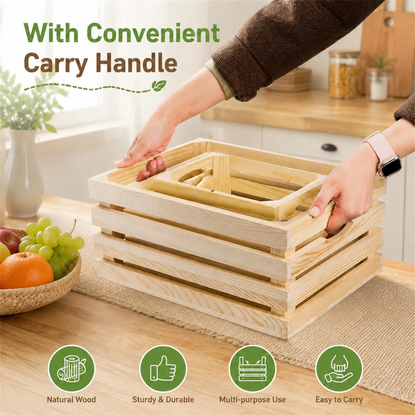 ZENFUN Set of 3 Nesting Wooden Crates, Rustic Various Size Decoration Boxes with Handles, Farmhouse Wooden Crates Storage Basket for Organizing