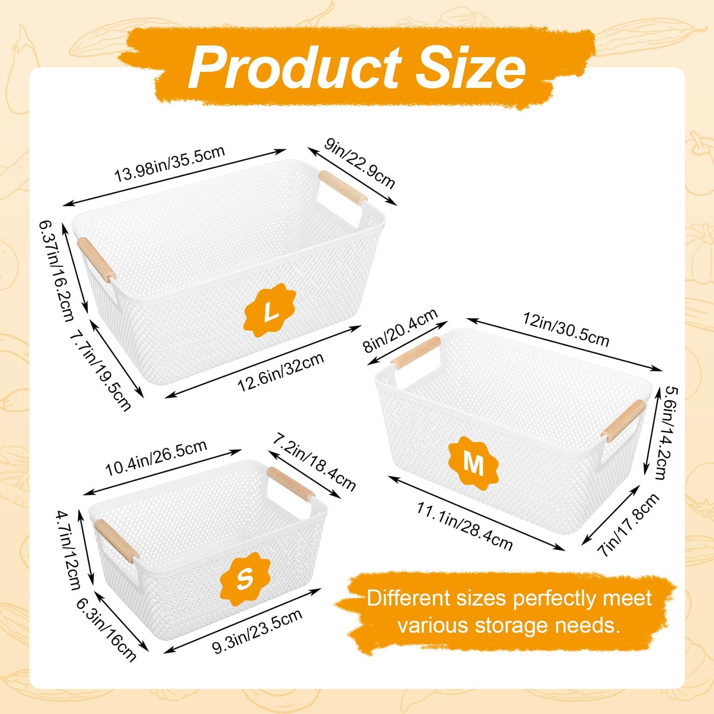 6PCS Plastic Storage Baskets, White Bathroom Storage Boxes with Wood Handle