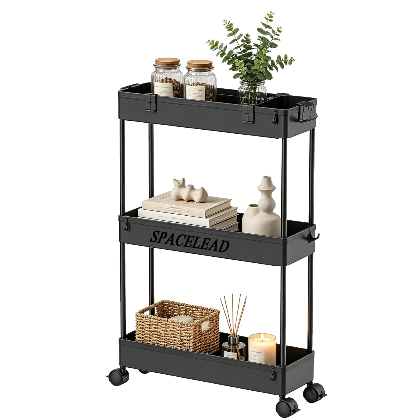 SPACELEAD Slim Storage Cart 3 Tier,Bathroom Organizer Rolling Utility,Mobile Shelving Unit Slide Out for Office, Kitchen
