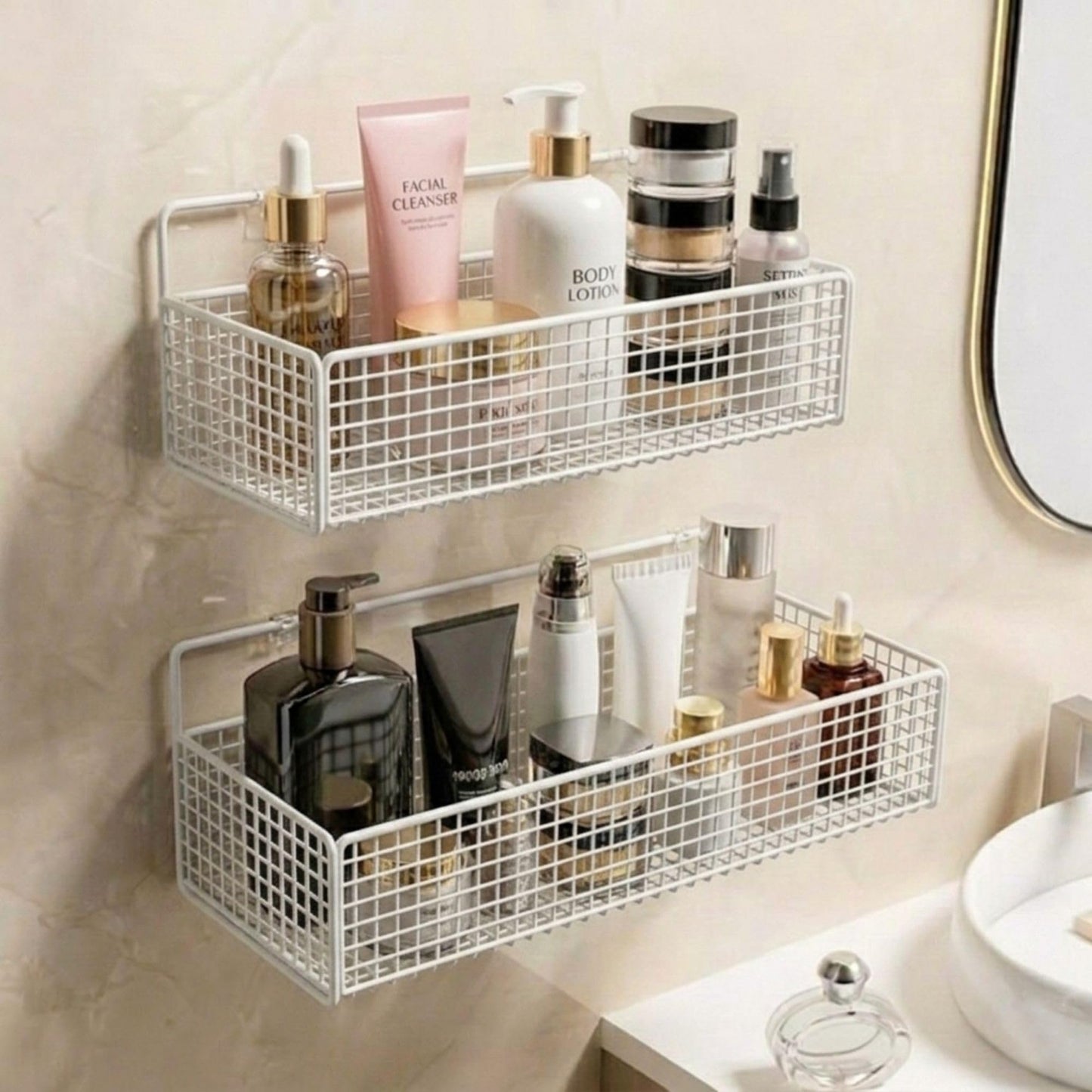 PWRco Wall Storage Basket Wire Hanging Organiser, (White, Large & Medium)