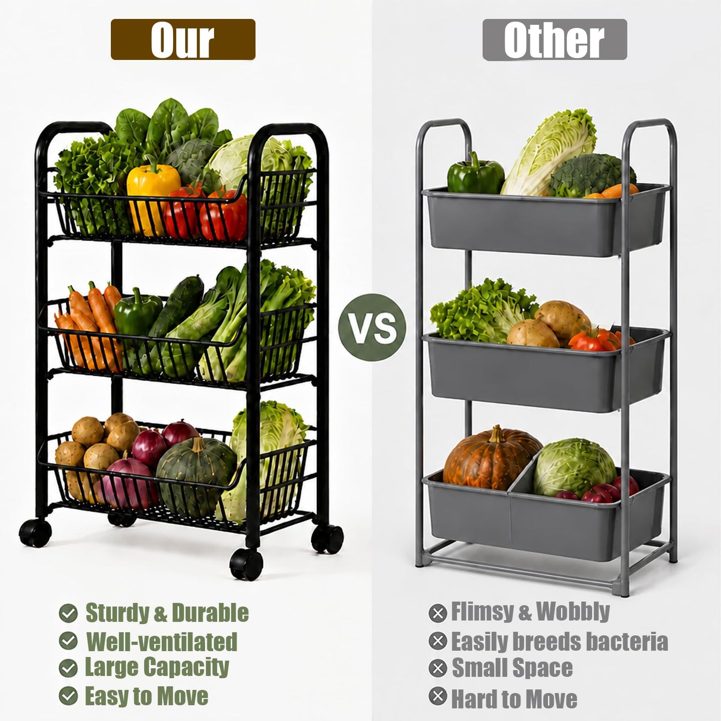 3-Tier Kitchen Trolley on Wheels, Vegetable Storage Rack, Storage Trolley