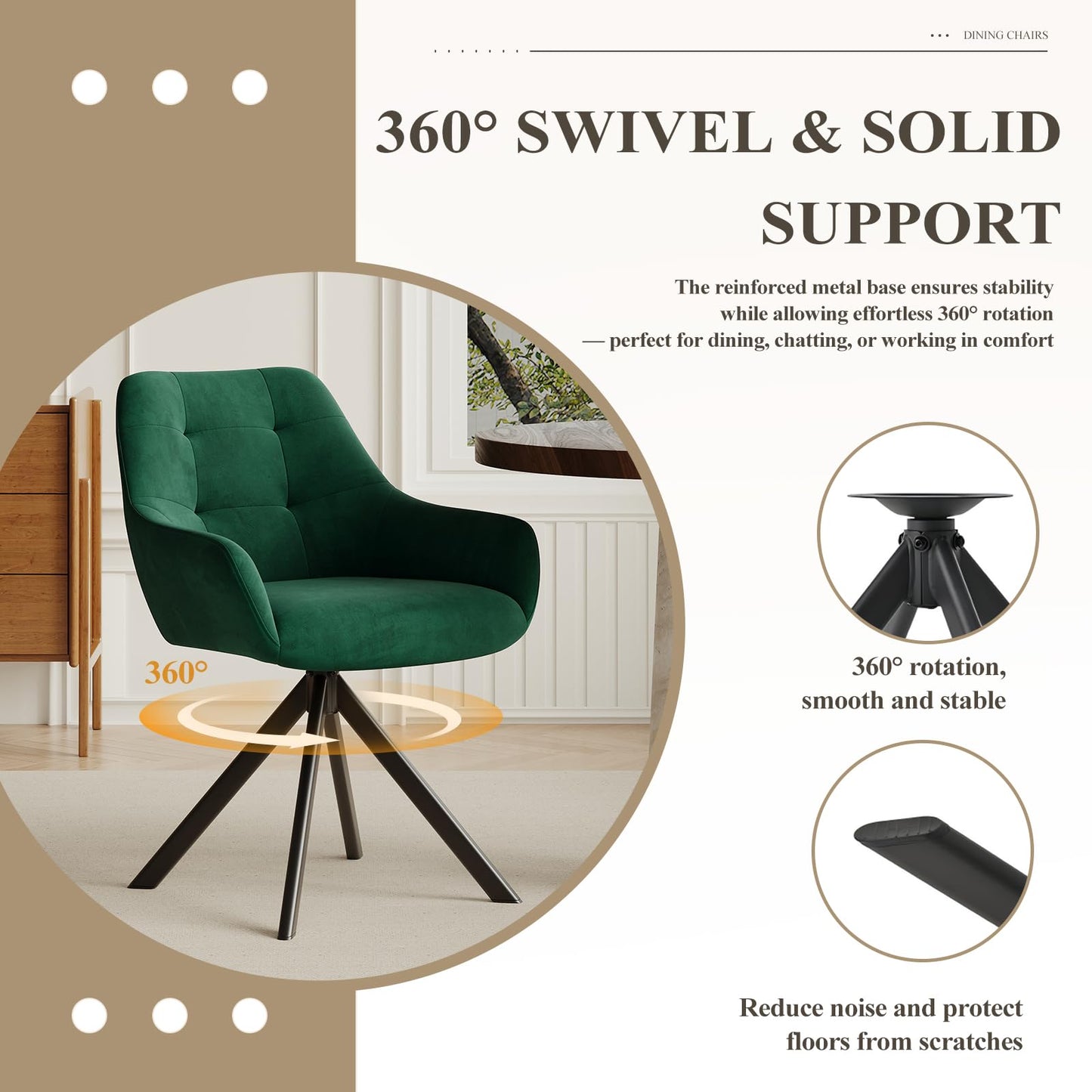 COLAMY 360° Swivel Dining Chairs Set of 6 with Sturdy Metal Base – Luxury Velvet Upholstered Kitchen Chairs with Thick Padded Seat
