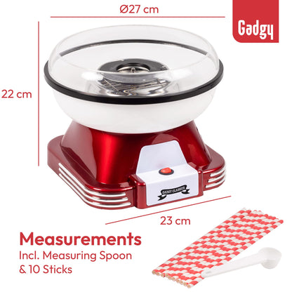 Gadgy Candy Floss Machine for Kids & Adults, Retro Cotton Maker, Suitable for Sugar or Candies, Including 10 Candyfloss Sticks, 500W, Red & White