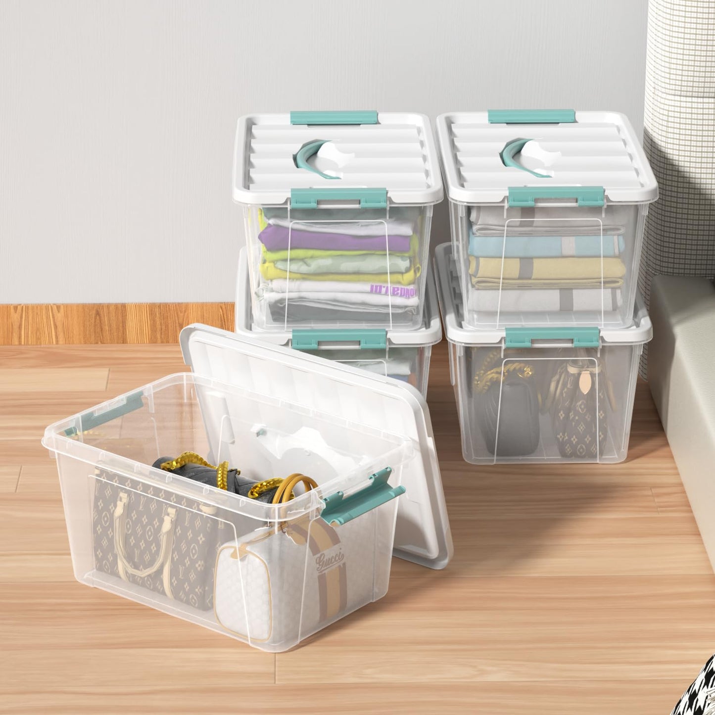 Ysmiltion 6 Litres Clear Plastic Storage Boxes with Lids, 6 Packs, Green