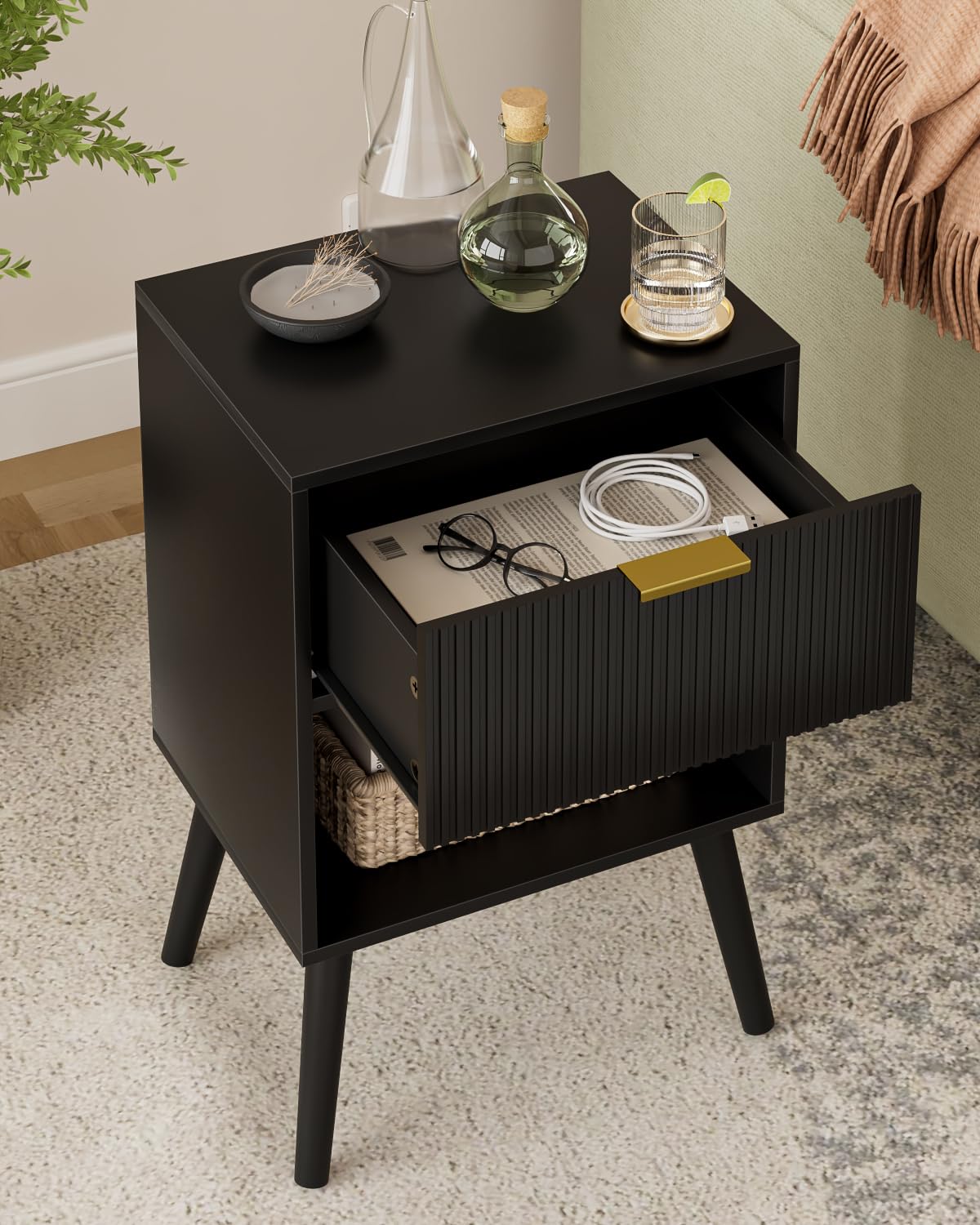 Apetaccat Bedside Table, Nightstand with Drawer and Storage Shelf, Black