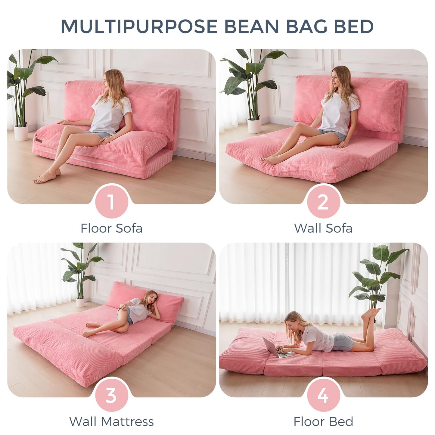 MAXYOYO Bean Bag Bed Folding Corduroy Sofa Chair Foam Filling Extra Thick 4 Fold Floor Couch Matress for Adults