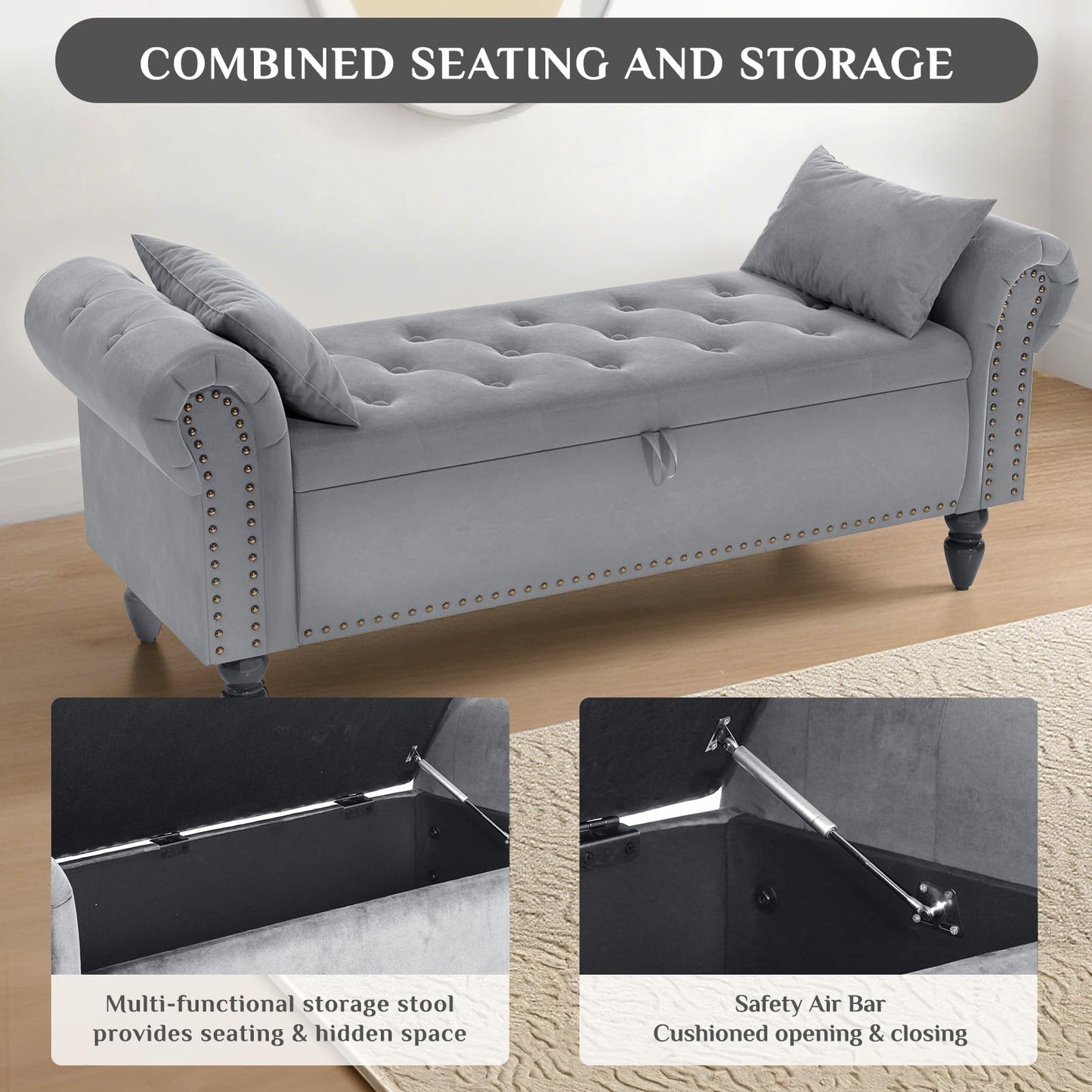 Clevich 133cm Velvet Storage Ottoman Bench, 168KG Load Capacity, Light Grey