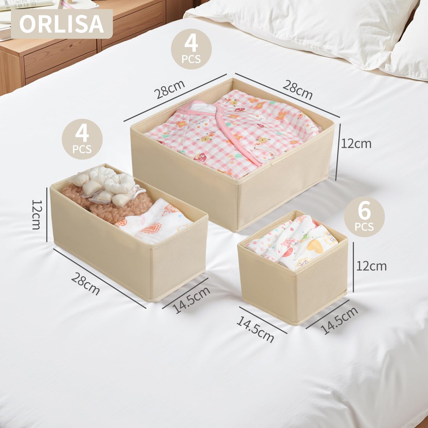 ORLISA Malm Organiser for Clothes Dresser Drawers Organiser for Clothes - Foldable, for Wardrobe or Dresser, Pack of 14, Beige