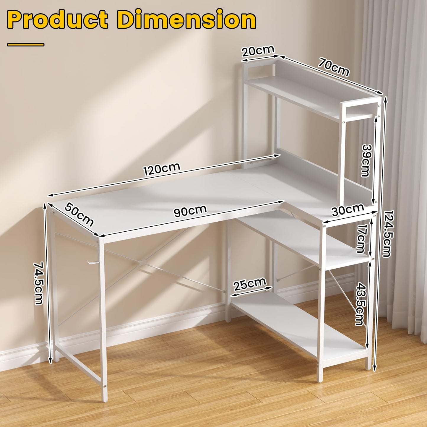 Feonase 47" L-Shaped Computer Desk Gaming Desk with Durable Metal Frame, Corner Desk with 4 Sheves and Hook