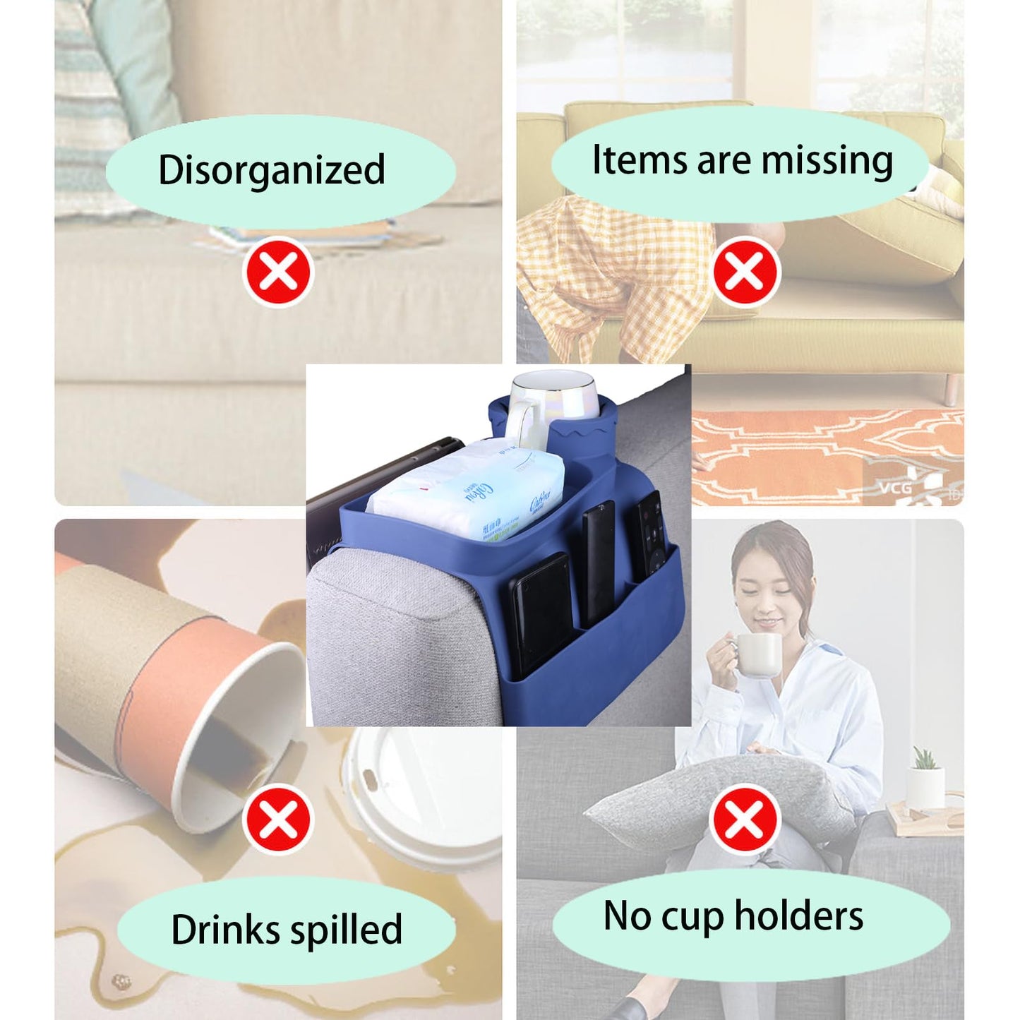 DLBTWDOYLS Silicone Sofa Cup Holder Tray, Non-slip Sofa Armrest Cup Holder with Side Pockets, Multi-functional Sofa Armrest Organiser