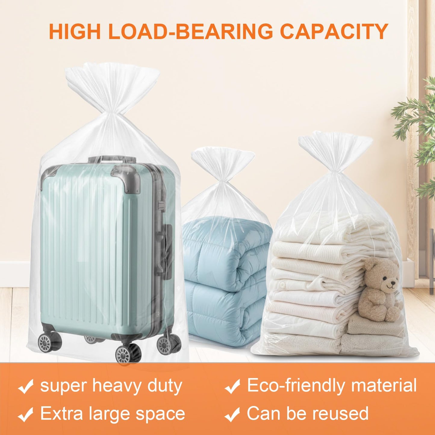 6 Pcs Extra Large Clear Plastic Storage Bags, 150 x 150cm Clear Large Plastic Bags for Clothes, Furniture, Luggage, Suitcase, Quilts, Chair, Bike