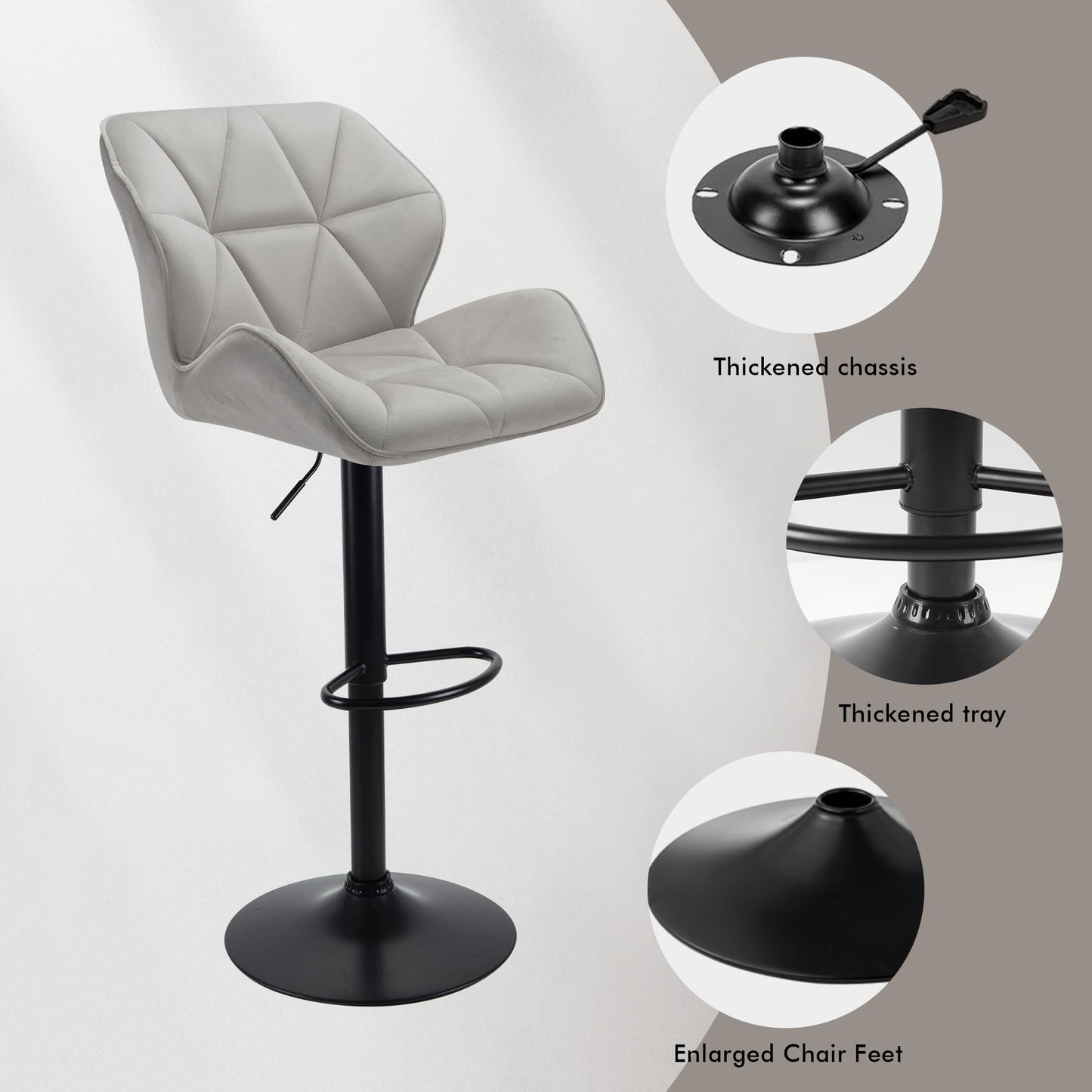 WangPangzi Set of 2 Velvet Bar Stools, Adjustable High Barstool with Footrest, Counter Chairs for Kitchen Islands/Home Bar