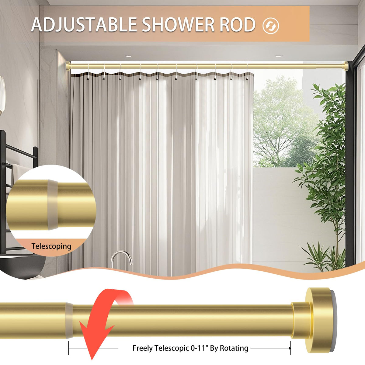 Emlaoe Gold Shower Curtain Rod 34-66 Inches2.8-5.5ft Never Rust Adjustable Shower Rod Spring Tension Non Slip No Drilling Shower Rods for Bathroom