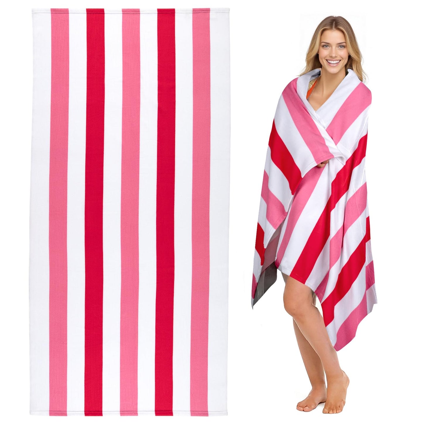 Ouxiaobai Large Oversized Beach Towel - Microfiber Sand Free 35 x 70 Inch Quick Dry Lightweight Pool Towel for Adults, Thin Striped Swim Towel (Pink)