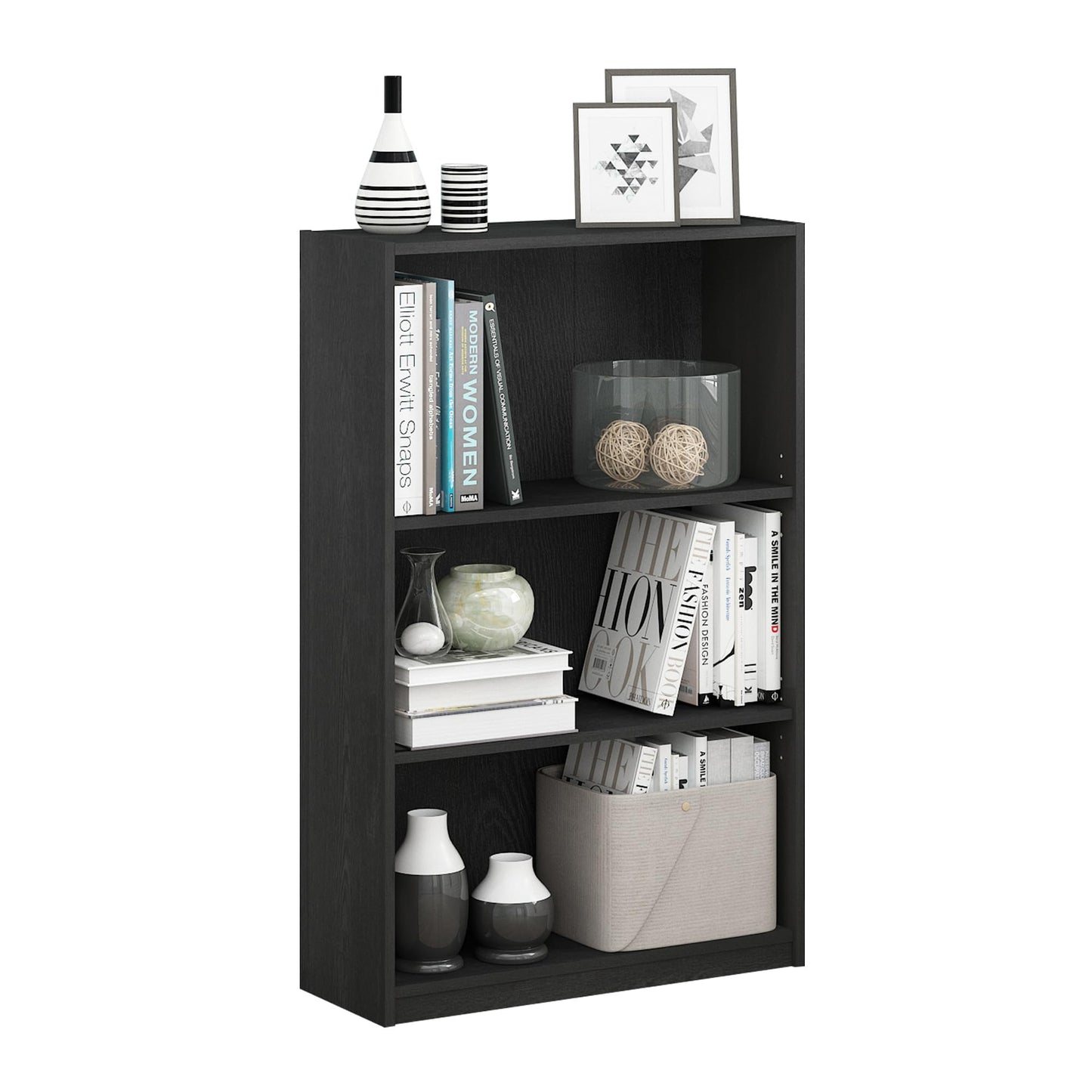 Furinno JAYA Book Shelf, 3-Tier Bookshelf, Bookcase with Adjustable Shelves, 9.5 x 24.5 x 40.3, for Living Room, Bedroom, Home Office, Blackwood