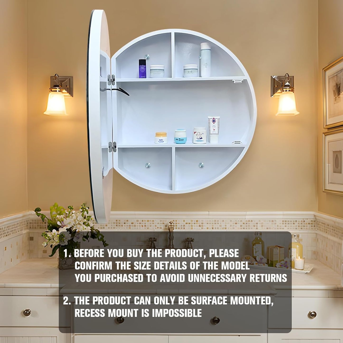 Janboe 61cm Round Mirror Cabinet with Lights,with Defogger,Dimmable,Anti-Fog,3 Colors,White