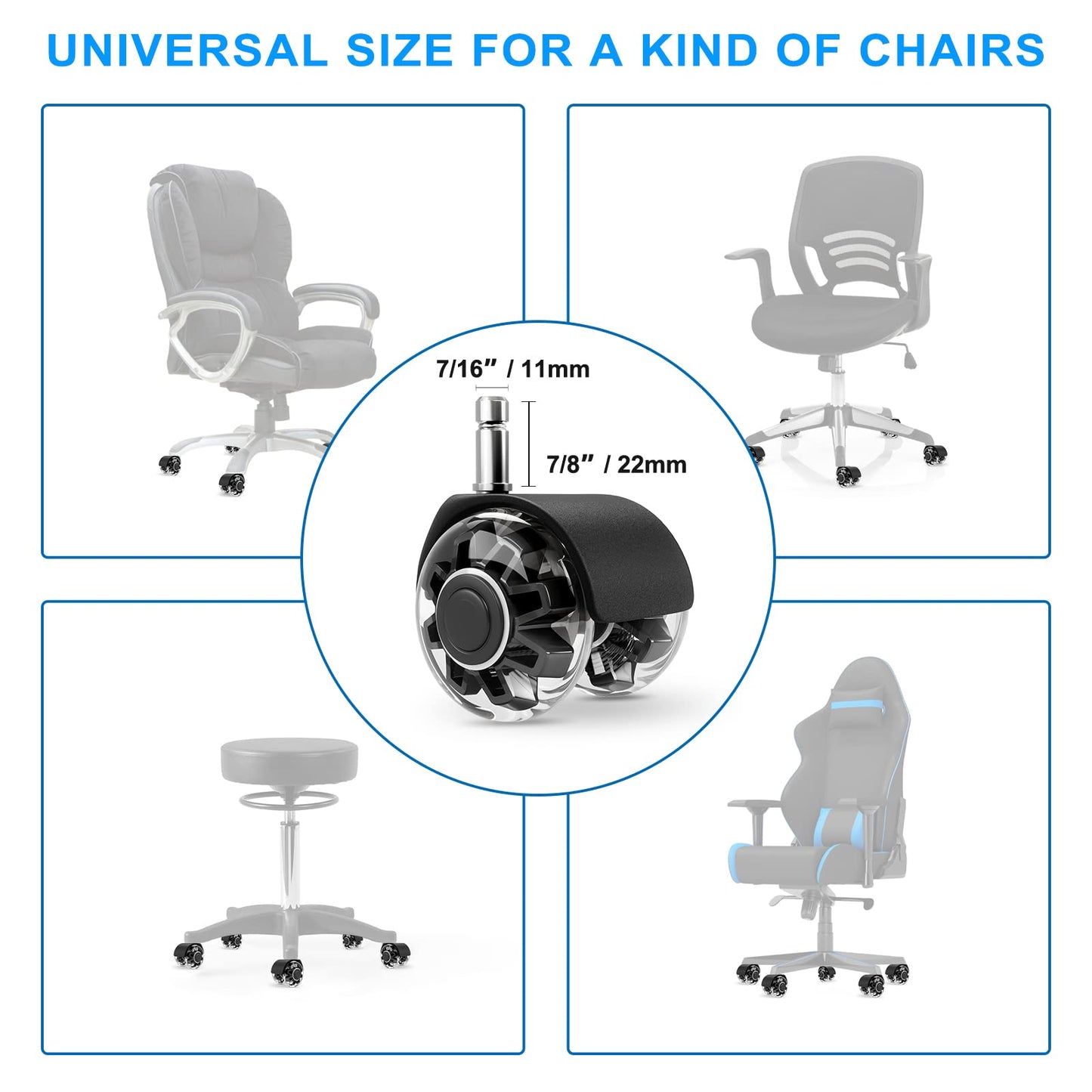 Office Chair Caster Wheels (Set of 5),Heavy-Duty Chair Wheels Support 2200lbs,Mute Rubber Chair Casters for Hardwood Floors and Carpet,2 Inch