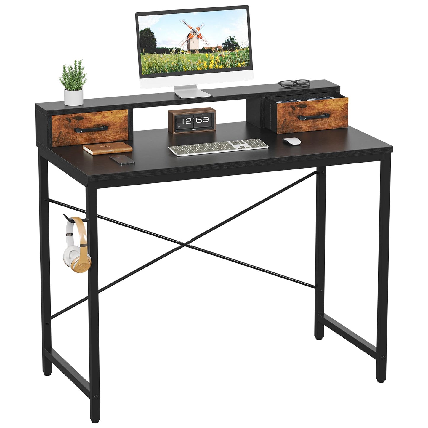 Feonase Industrial-Style Computer Desk with Elevated Monitor Riser & Dual Drawers – 100cm Wide MDF Desktop for Home Office