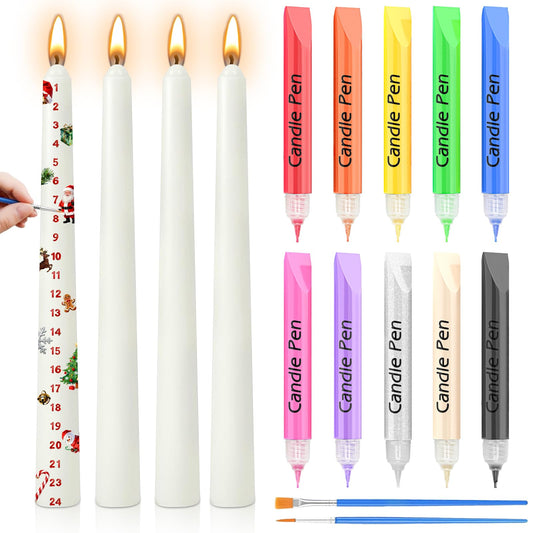 Bolosa Candle Painting Kit to DIY Advent Candles Christmas, Includes 4 Pcs 10'' White Taper Candles with 10 Colours Candle Pens and 2 Pcs Paint