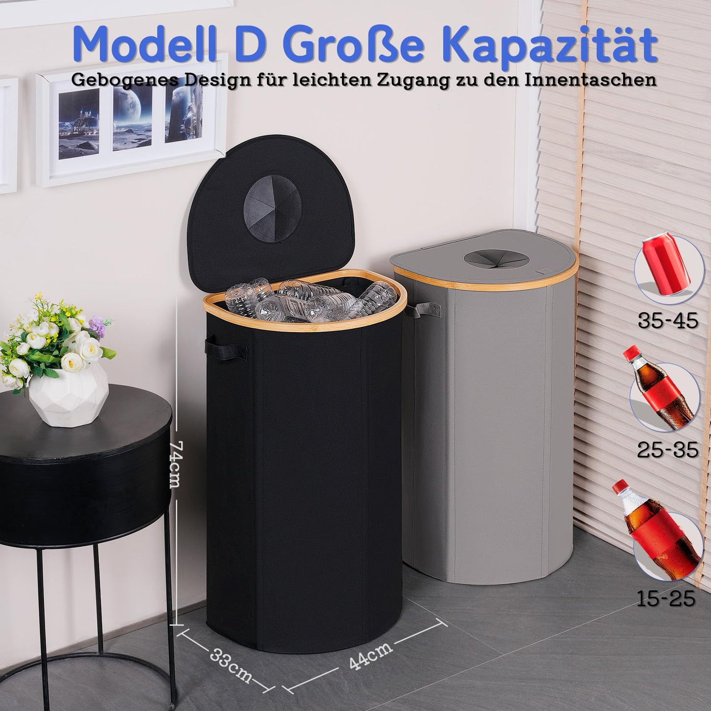 efluky Deposit Bottles Collection Container with Lid, Large Deposit Bottles Storage with Two Carry Bags, Black Container Empty & Waste Glass Storage