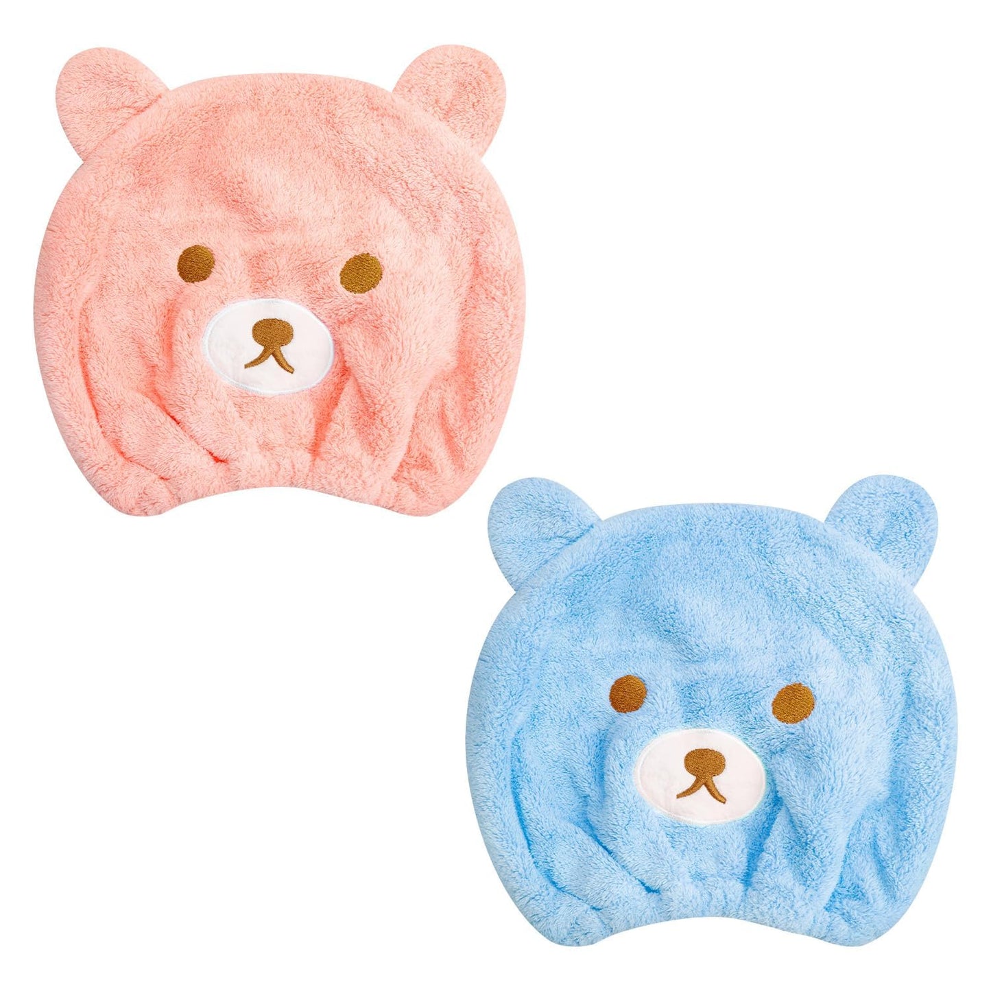 wellrun 2 Pcs Hair Drying Caps,Soft Coral Velvet Towel with Cute Bear Embroidery,Quick Dry Absorbent Hair Wrap for Wet Hairs,Bath Towel for Girls and