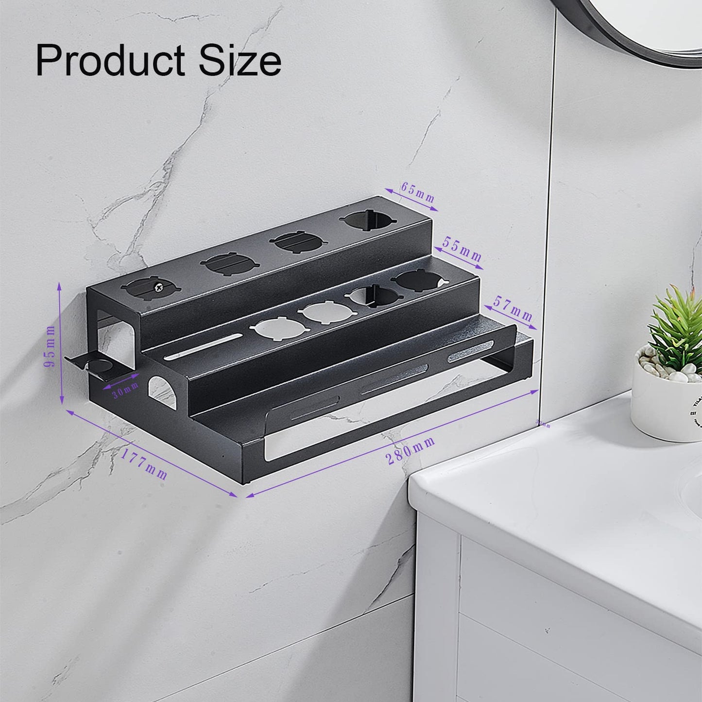 Hosoncovy Metal Wall Mount Holder Organizer Stand Storage Rack with Towel Holder Tabletop Organizer for Dyson Airwrap Styler and Brushes (Black)