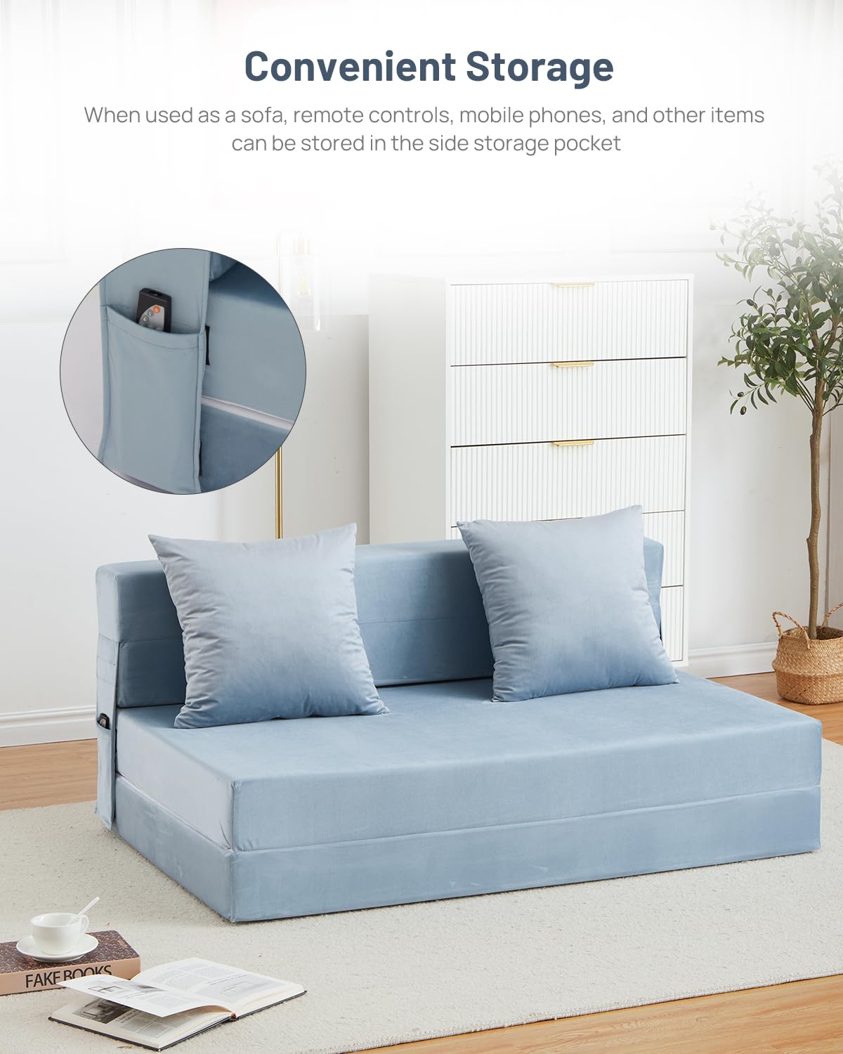 Aptliton 4-in-1 Folding Sofa Bed Double, Fold Out Sofa Couch with Velvet Cover & 2 Cushions, Floor Mattress Lounger for Living Room