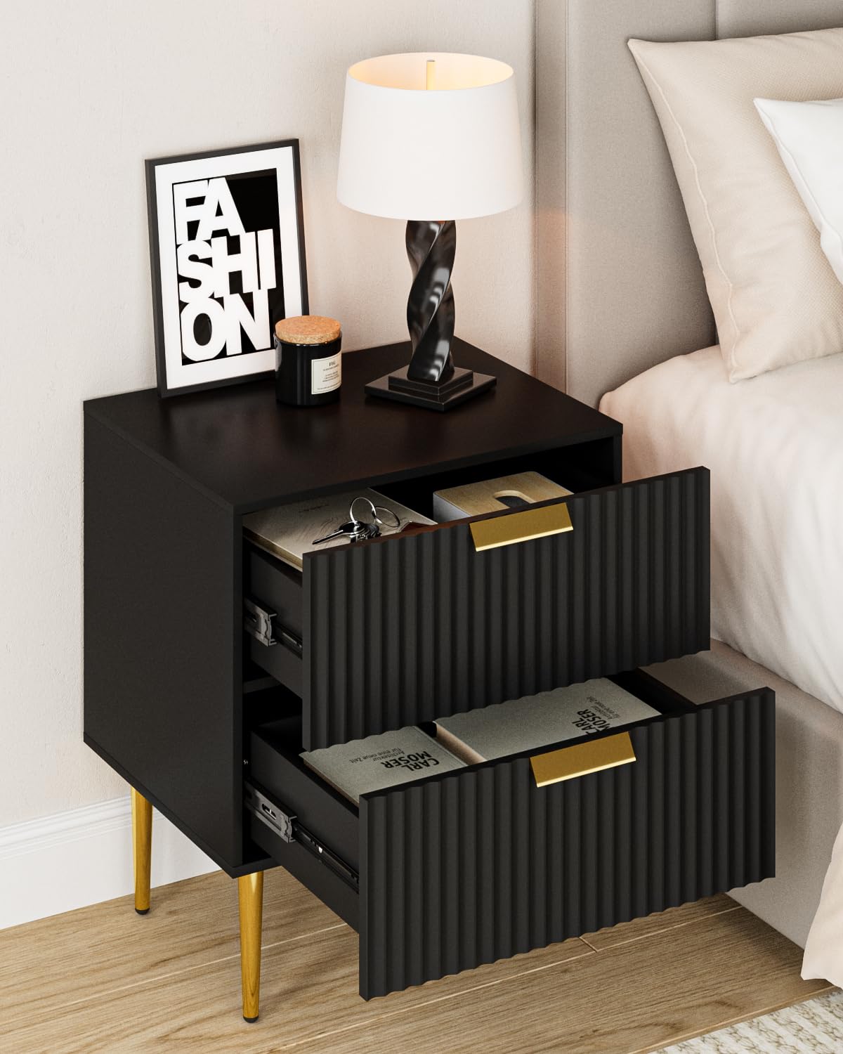 Apetaccat Black Bedside Table, Nightstand with 2 Drawers with Gold Leg, Modern Bedside Table Bedroom Furniture for Living Room or Bedroom, Black