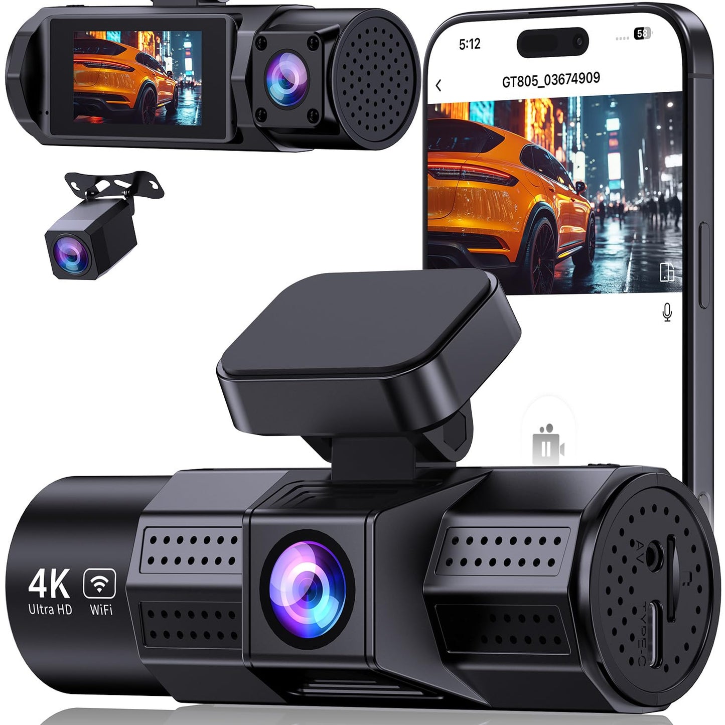 4K Dash Cam WiFi 3 Channel Dash Cam Front and Rear Inside 4K+1080P+1080P, Dashcam with 1.97? Display, 32GB Card, Triple Car Camera with App, Night