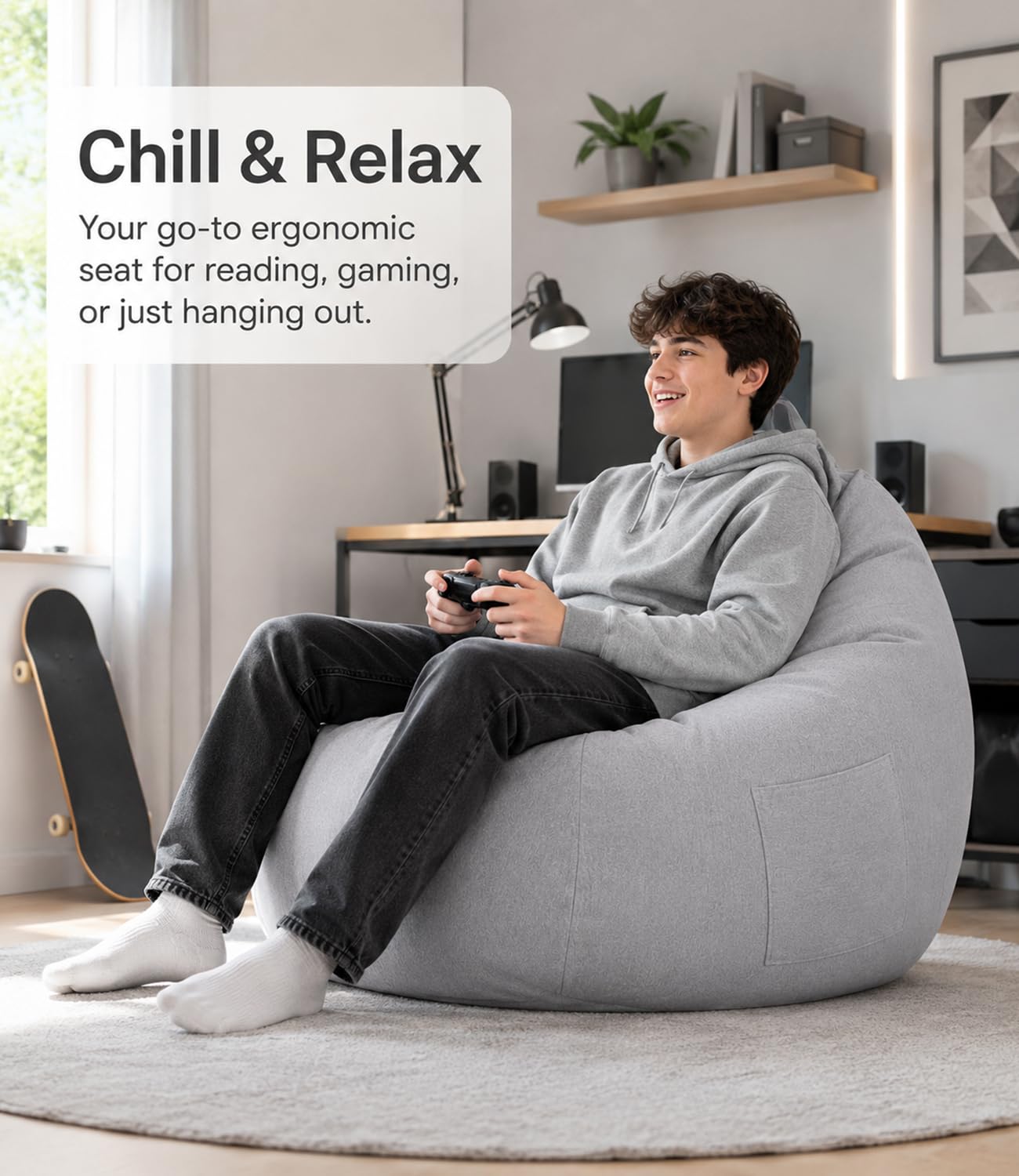 Highdi Kids Bean Bag Without Fillings - Cotton Linen Durable & Comfortable, Light Grey Storage Bean Bag Chair for Living Room/Gaming Room