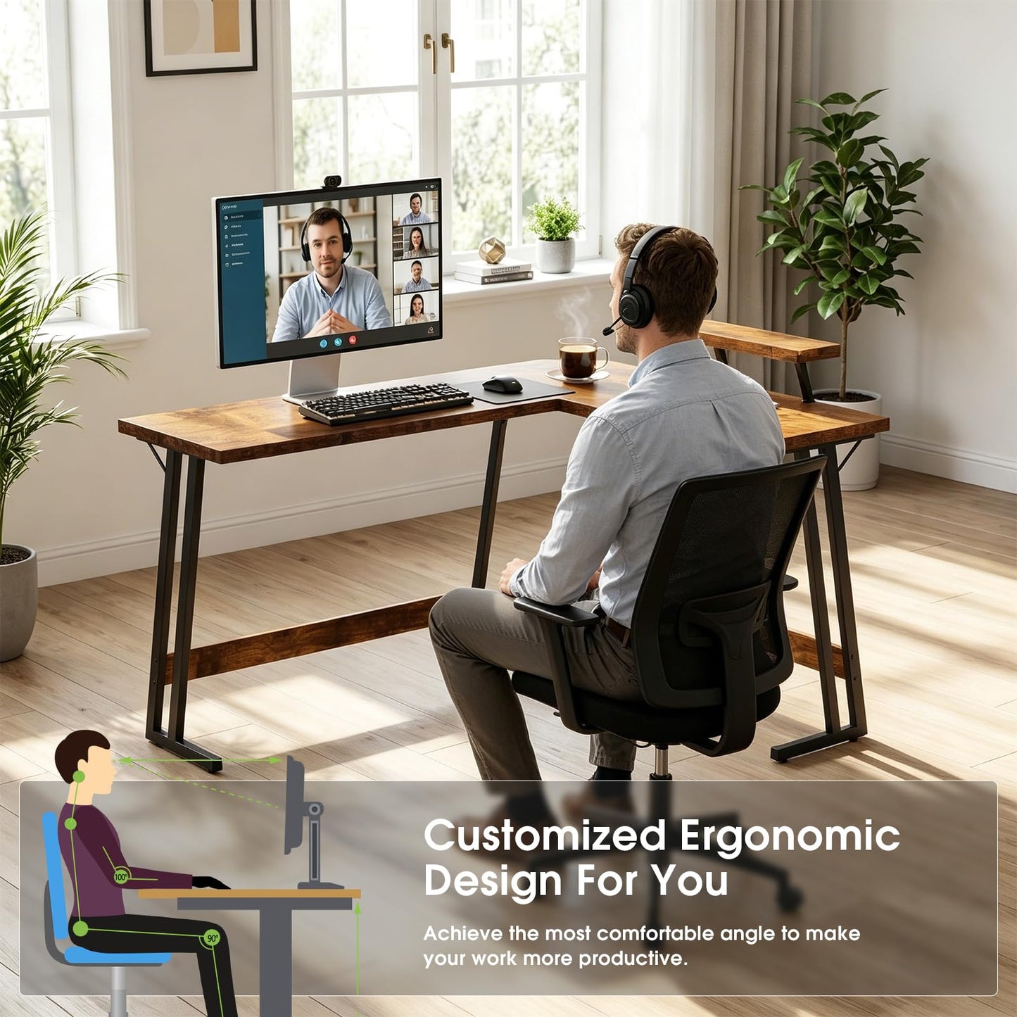 JUMMICO L Shaped Gaming Desk with Large Monitor Stand 120x120x75cm,Corner Desk for Home Office Study Writing Workstation, Wood Grain Rustic Brown