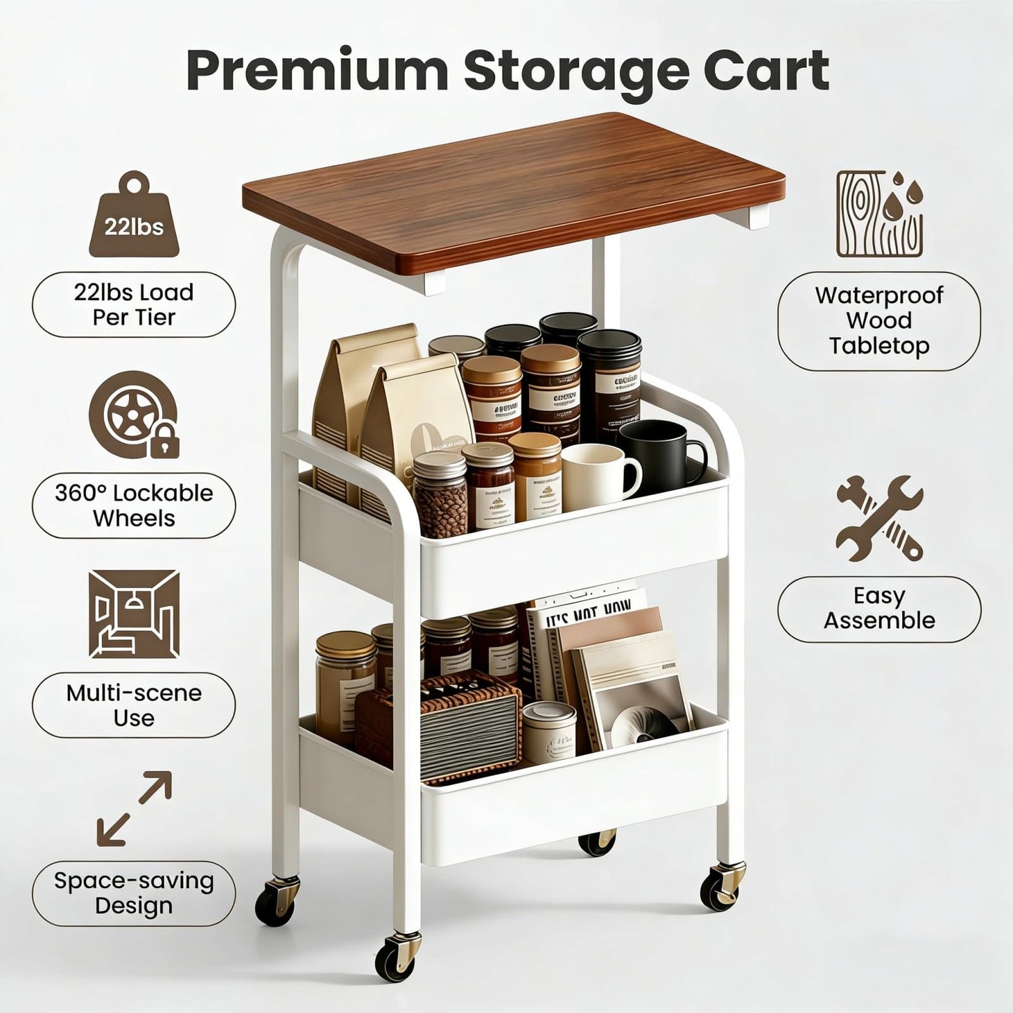 3 Tier Metal Rolling Utility Cart Organizer with Walnut Table Top, Stable and Sturdy Rolling Storage Carts with 2 Lockable Wheels for