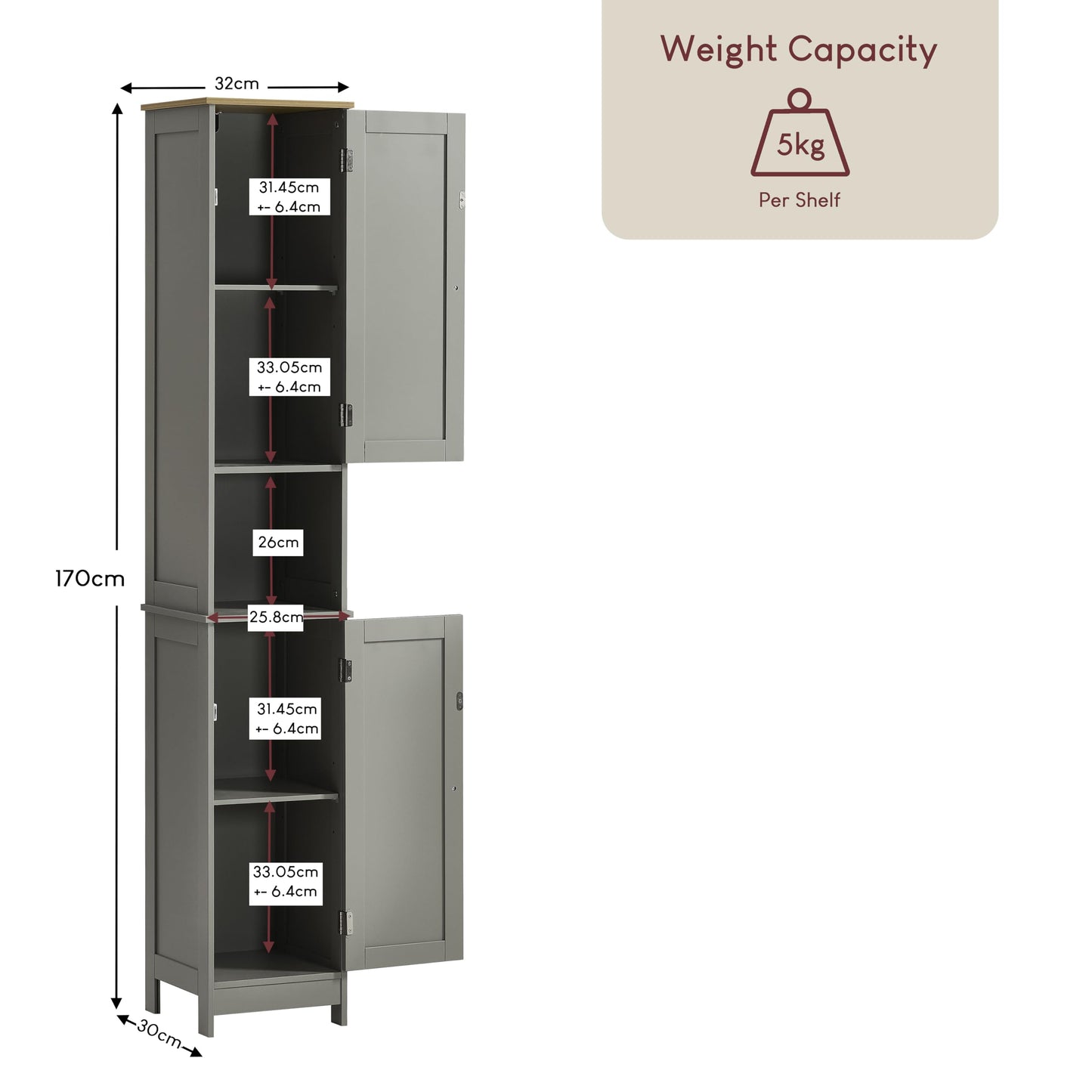 Bath Vida Priano Freestanding 2 Door Tall Storage Cabinet, Grey & Oak