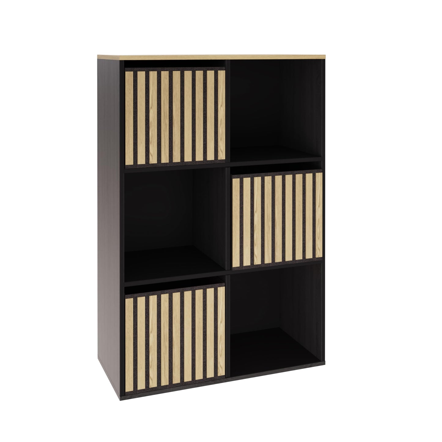 GFW Kube 2x3 Storage Unit Black & Medium Oak, Cube Bookcase with Open and Hidden Storage Compartments, Modern Shelving Unit