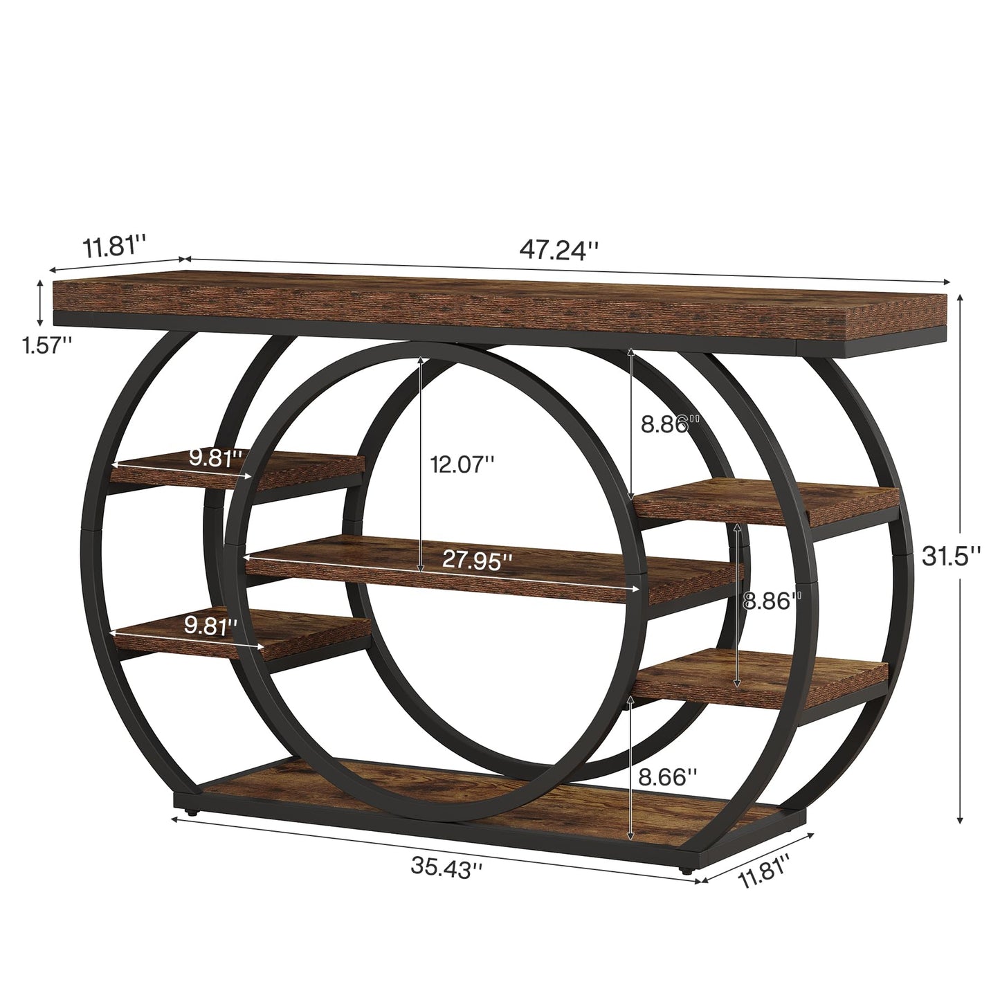 Tribesigns Circle Base Console Table | Narrow Entryway Table 120x30x80cm | 4-Tier Storage Shelf | Industrial Farmhouse Hallway Sofa Table,Rustic