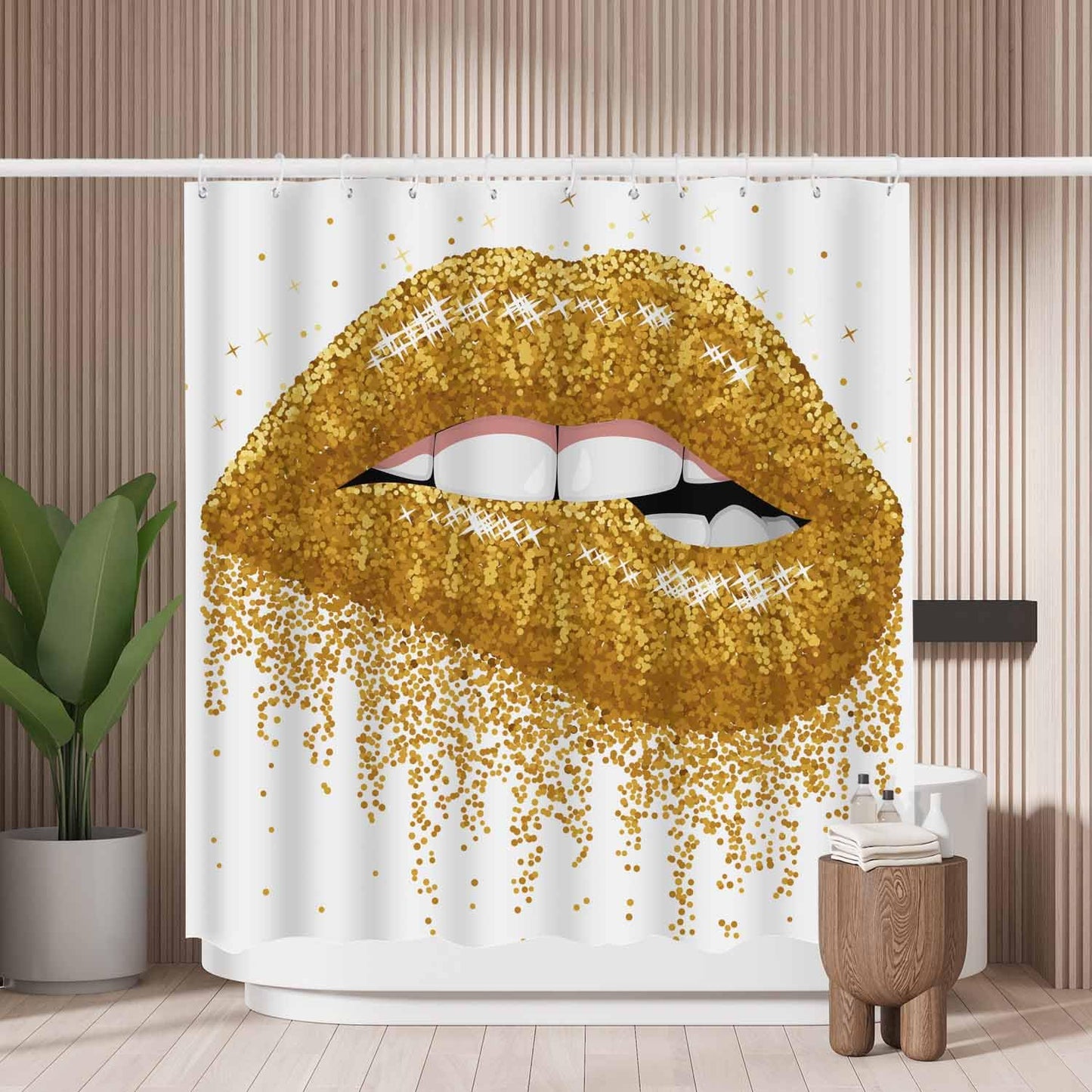 Woutay Shower Curtain Mould Proof Resistant Golden Lips,Water Repellant Fabric,Polyester,with 12 Plastic Hooks