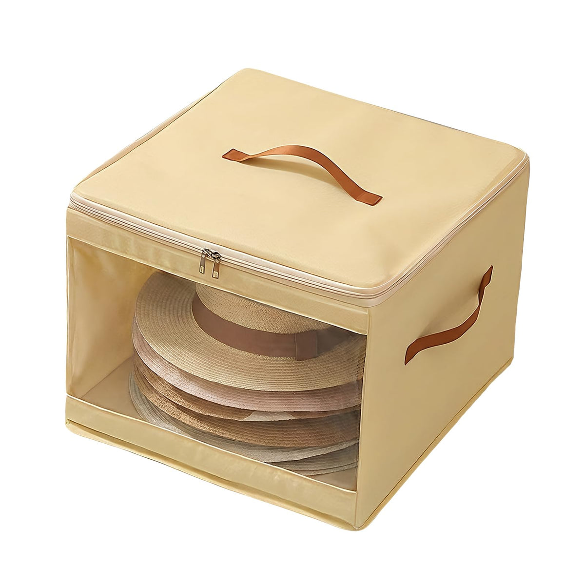 Soft Felt Hat Storage Box Zip Foldable Stackable Wardrobe Orgeniser Beige