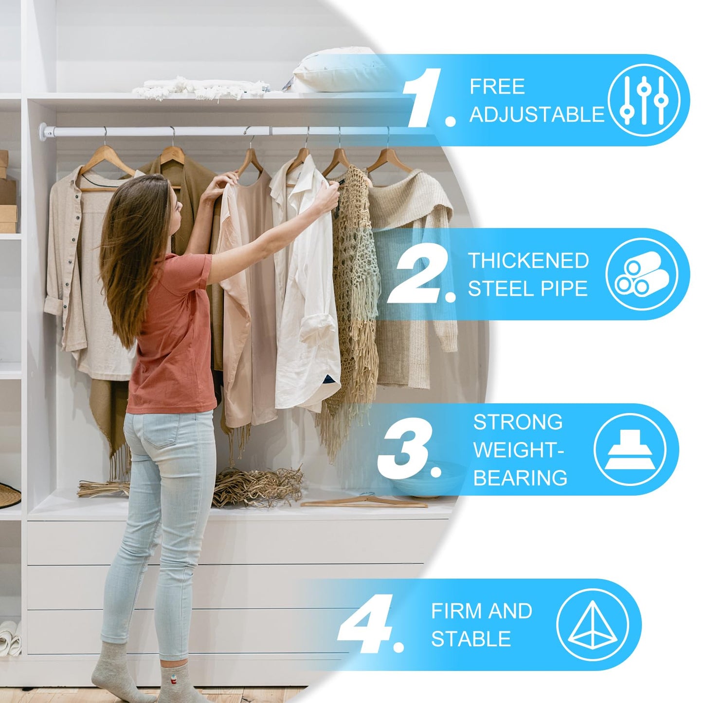 Wardlock 93cm-170cm White Extendable Stainless Steel Wardrobe Rail, Adjustable Clothes Rail Pole With End Sockets.