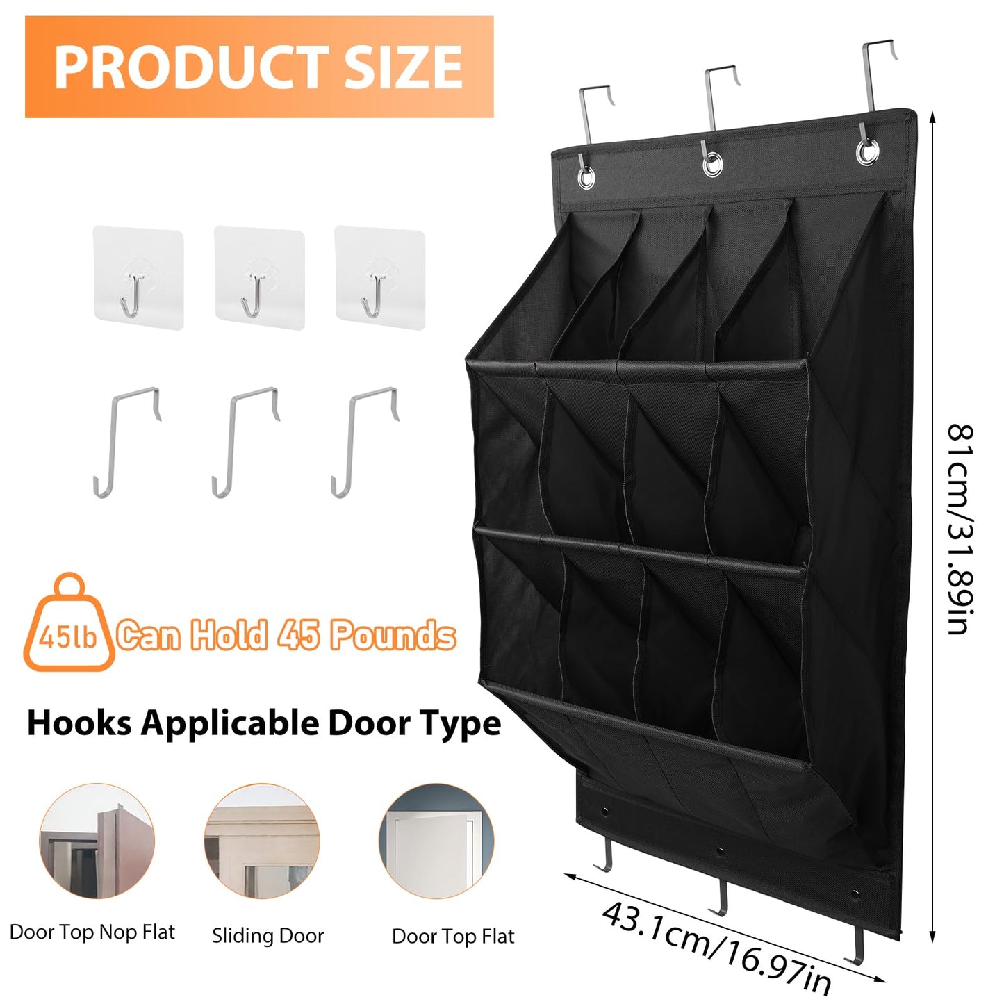 FitRepa Hanging Shoe Storage with 12 Pockets Storage Over Door Shoe Rack, Door Shoe Rack Hanging with 3 Metal Hooks and 3 Self-Adhesive Hooks for
