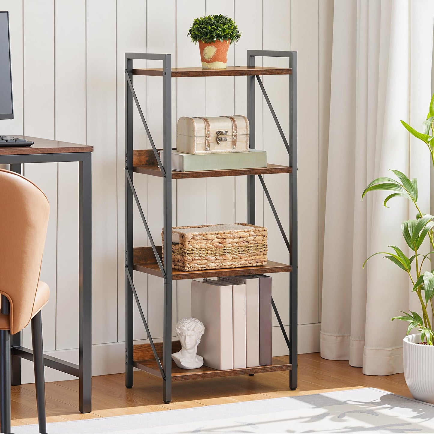 HOOBRO 4-Tier Bookshelf, Industrial Corner Bookcase, Display Rack, Metal Frame, for Living Room, Bedroom, Office, Kitchen, Entryway
