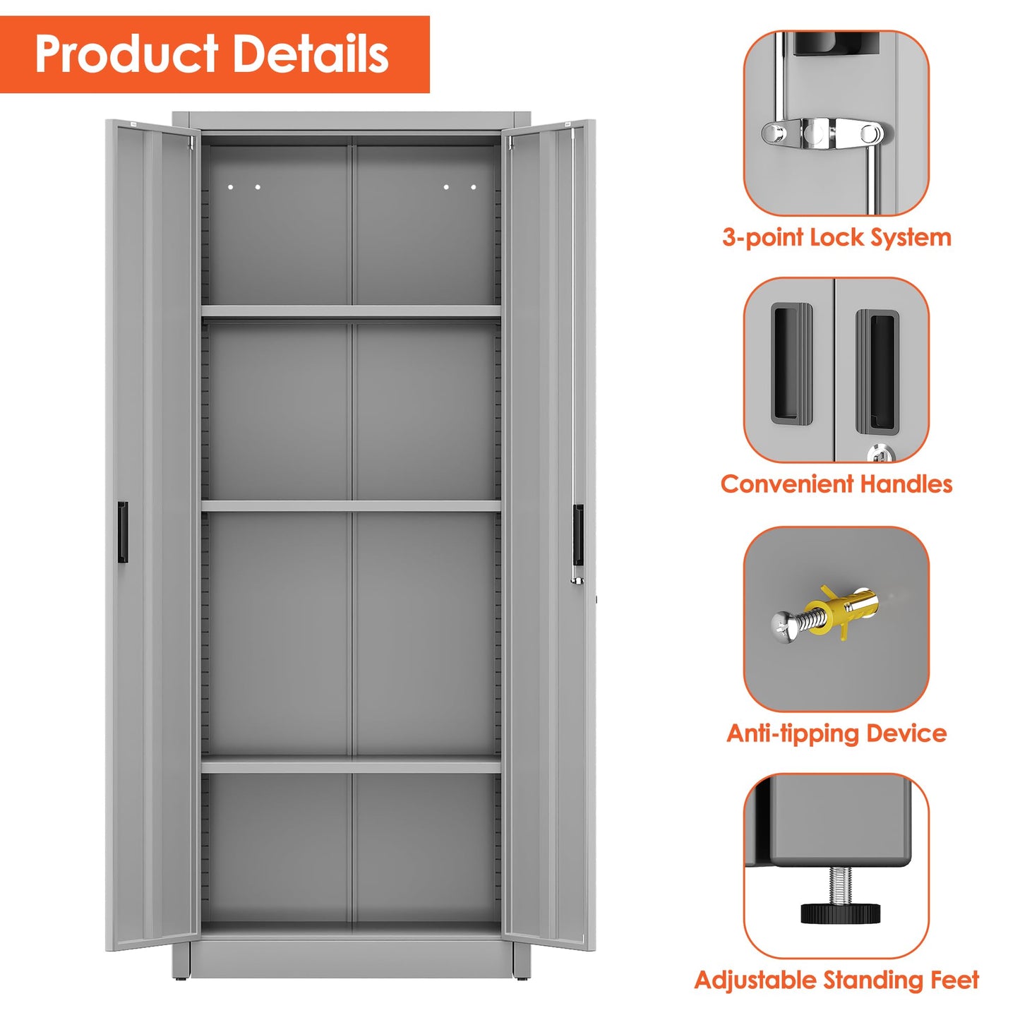 FlairVibe Metal Storage Cupboard with 2 Door and 3 Adjustable Shelves,Grey