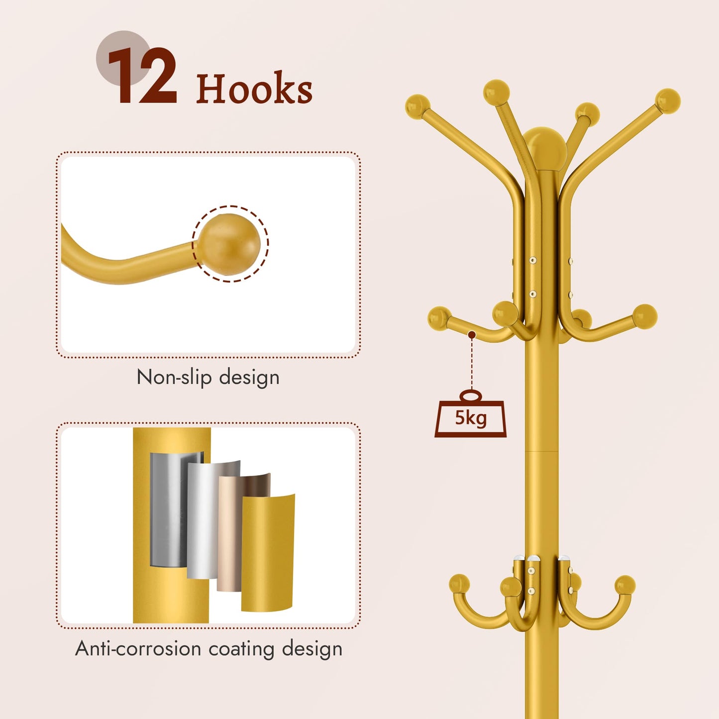 FAVOOSTY Coat Stand Coat Rack with 12 Hooks, Free standing Clothes Clothing Rack with Umbrella Holder, Hats