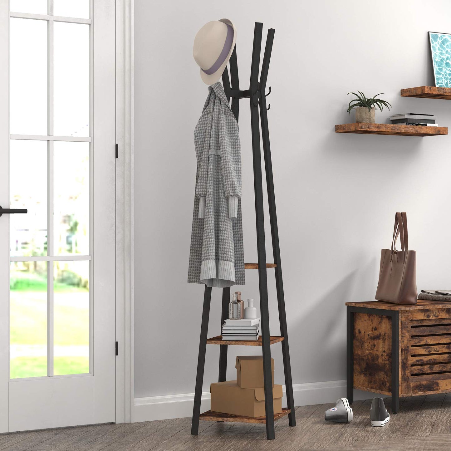 HOOBRO Coat Rack, Coat Hanger Stand, Hall Tree with 3 Storage Shelves and Hooks, for Clothes, Hats, Bags, Coat Stands for Hallway